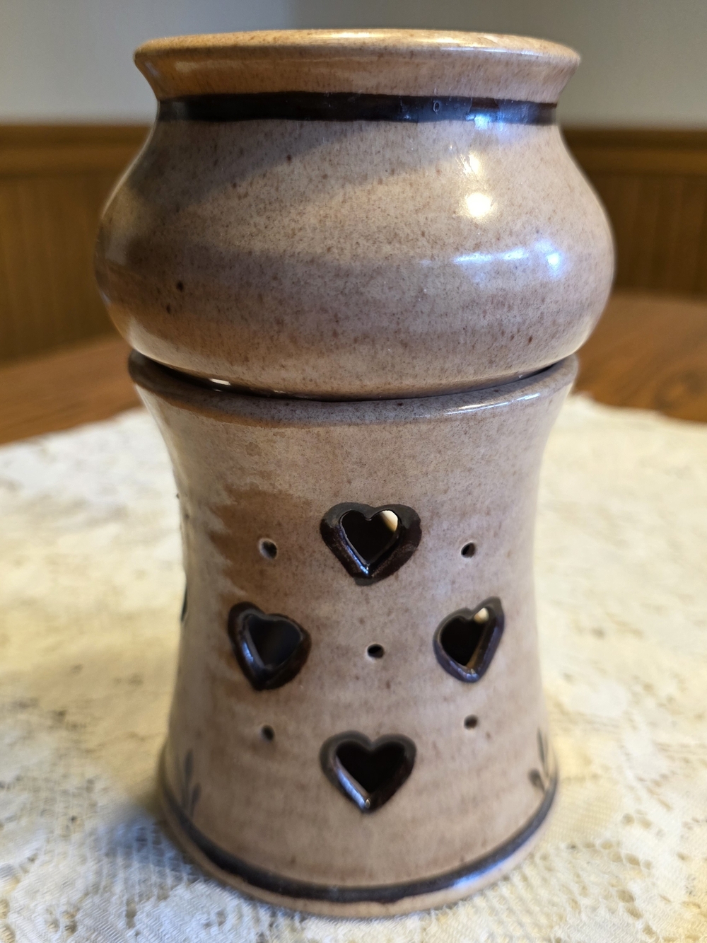 Vintage Heart Cutout Pottery Wax/Oil Warmer Speckled Earthtones